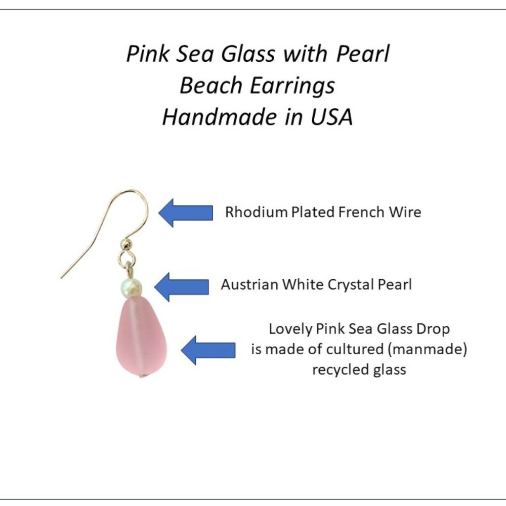 Sea Glass Earrings Pink Dangle with Pearls Women Girls Beach Jewelry Gift - Picture 2 of 7